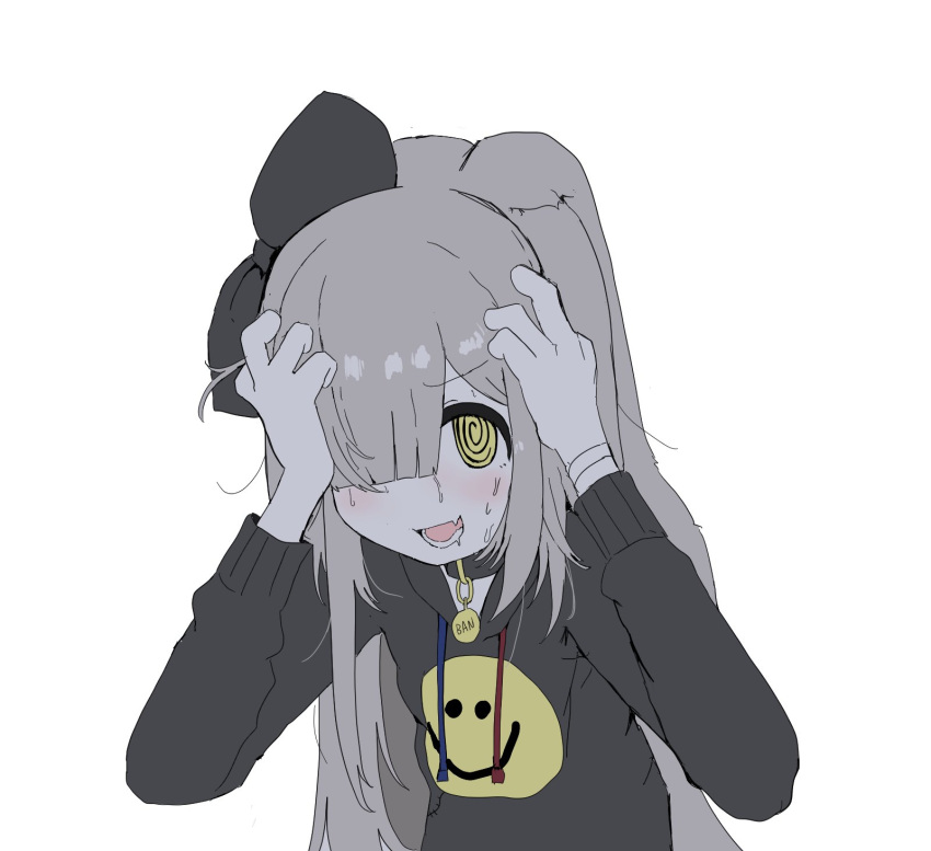 1girl animal_collar black_bow black_hoodie blunt_bangs blush bow collar drooling fang fewer_digits floppy_ears furrowed_brow furry furry_female grey_hair hair_bow hands_on_own_head highres hood hood_down hoodie long_hair long_sleeves looking_at_viewer mouth_drool nervous_sweating one_eye_covered original oyasu_miyo print_hoodie simple_background skin_fang smile smiley_face solo sweat upper_body vreparty white_background