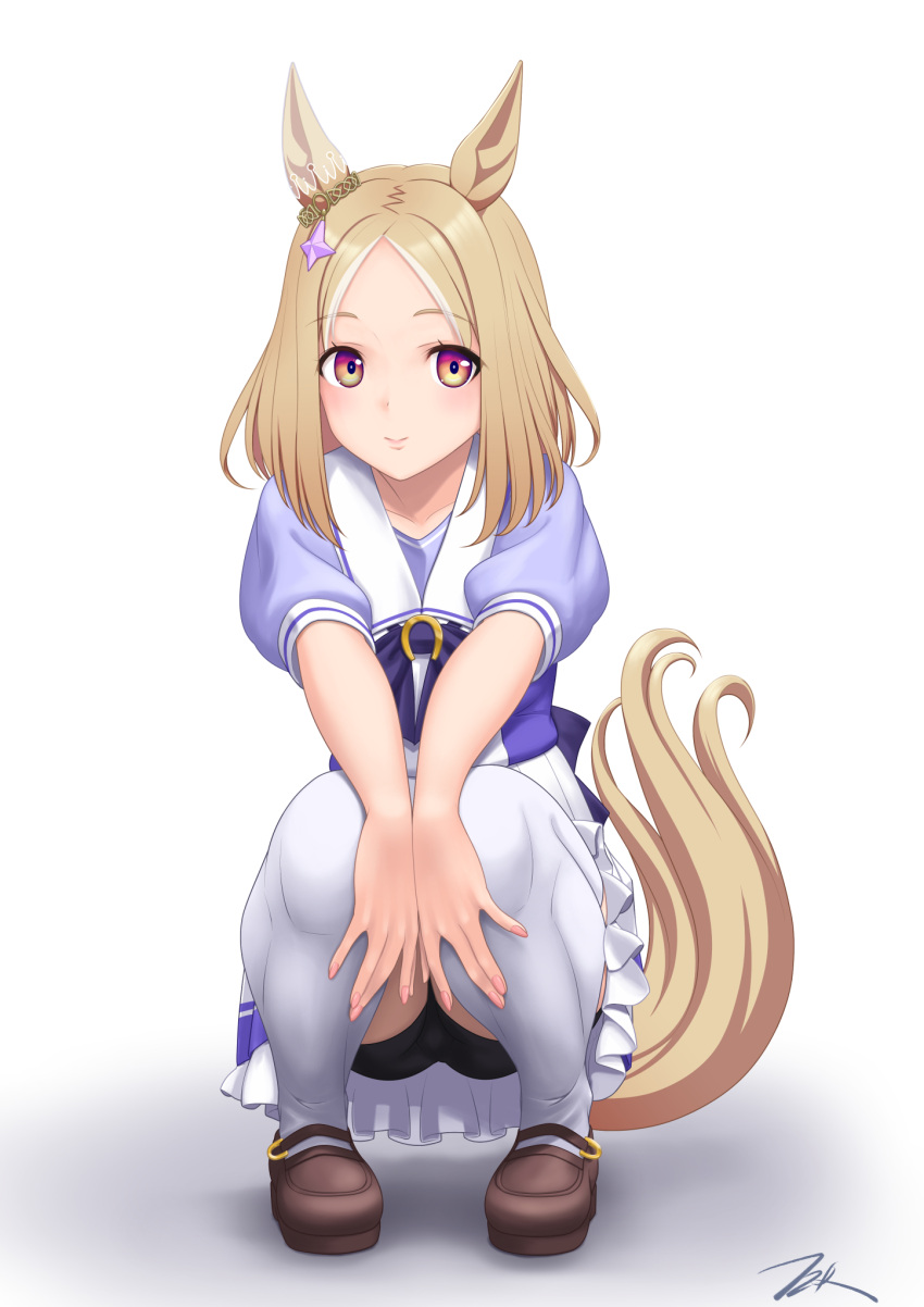 1girl animal_ears bike_shorts black_shorts blonde_hair bow breast_rest breasts breasts_on_table brown_footwear closed_mouth commentary_request full_body highres horse_ears horse_girl horseshoe_ornament kneeling medium_breasts narita_top_road_(umamusume) puffy_short_sleeves puffy_sleeves purple_bow purple_shirt red_eyes sailor_collar school_uniform serafuku shirt short_sleeves shorts simple_background smile solo summer_uniform t2r tracen_school_uniform umamusume white_background white_sailor_collar