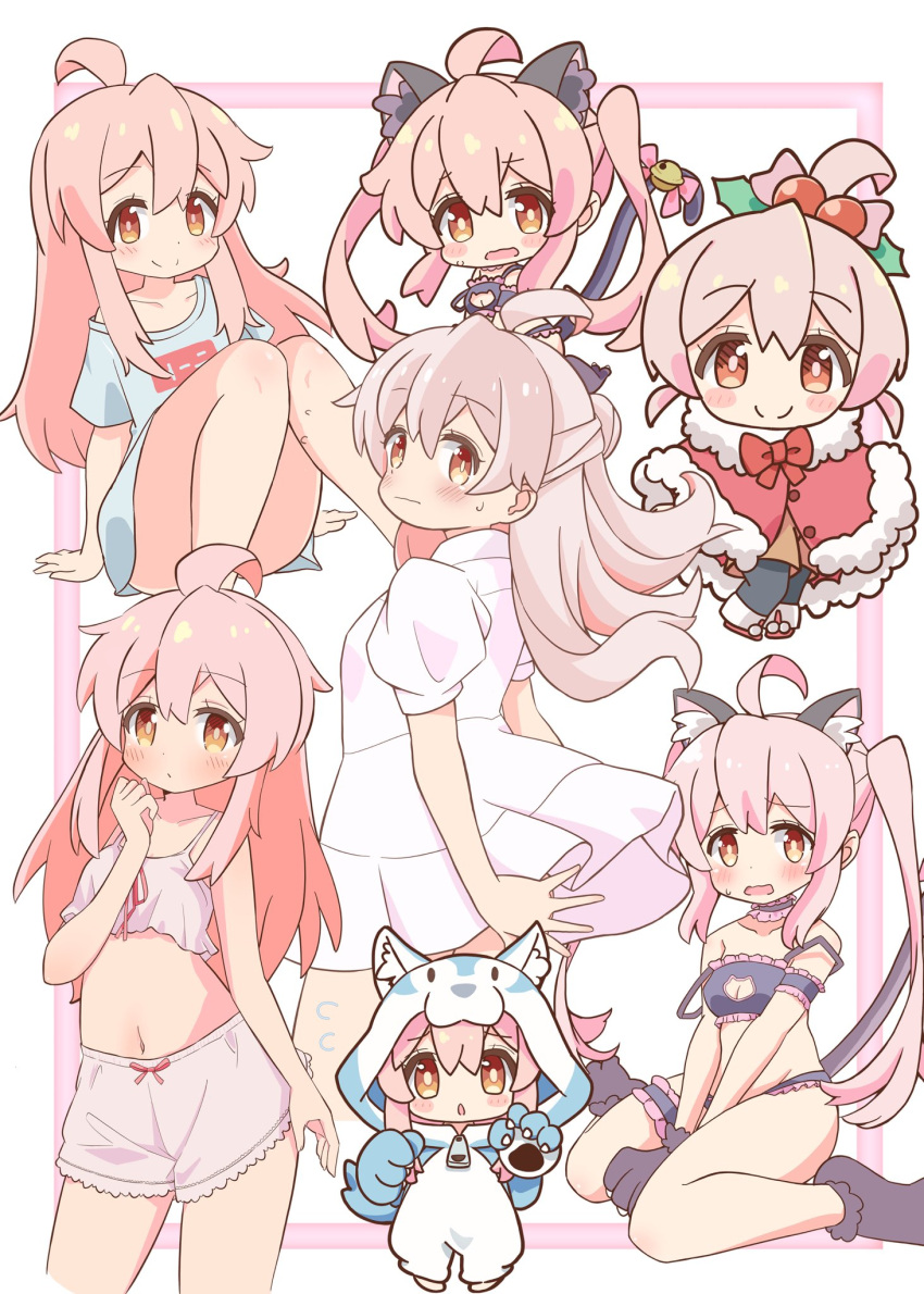 1girl :| ahoge animal_ear_fluff animal_ear_hood animal_ears animal_hands arms_at_sides bare_shoulders between_legs black_bra black_choker black_panties blue_shirt blush blush_stickers bra breasts brown_eyes c: capelet cat_ears cat_lingerie cat_tail chibi chibi_inset choker cleavage cleavage_cutout closed_mouth clothing_cutout collarbone commentary_request convenient_leg cosplay covering_ass covering_privates cowboy_shot dog_ears dress fake_animal_ears fake_tail floating_hair flying_sweatdrops foot_out_of_frame frilled_bra frilled_choker frilled_panties frills fur-trimmed_capelet fur_trim gloves hair_between_eyes hair_bobbles hair_ornament hand_between_legs hands_up highres hood hood_up kigurumi knees_together_feet_apart knees_up light_brown_hair long_hair looking_at_viewer meme_attire multiple_views onii-chan_wa_oshimai! open_mouth oyama_mahiro pajamas panties paw_gloves paw_shoes pon_sugar puffy_short_sleeves puffy_sleeves santa_capelet santa_costume shirt short_sleeves sidelocks simple_background sitting smile solo split_mouth standing strap_slip tail tareme twintails underwear wariza wavy_mouth white_background white_dress white_pajamas wind wind_lift