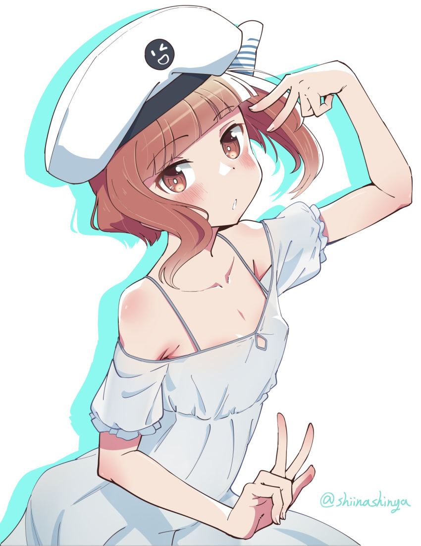 1girl alternate_costume brown_eyes brown_hair double_v dress flat_chest hat highres kantai_collection liking one-hour_drawing_challenge sailor_hat short_hair solo v white_background white_dress white_headwear z3_max_schultz_(kancolle)