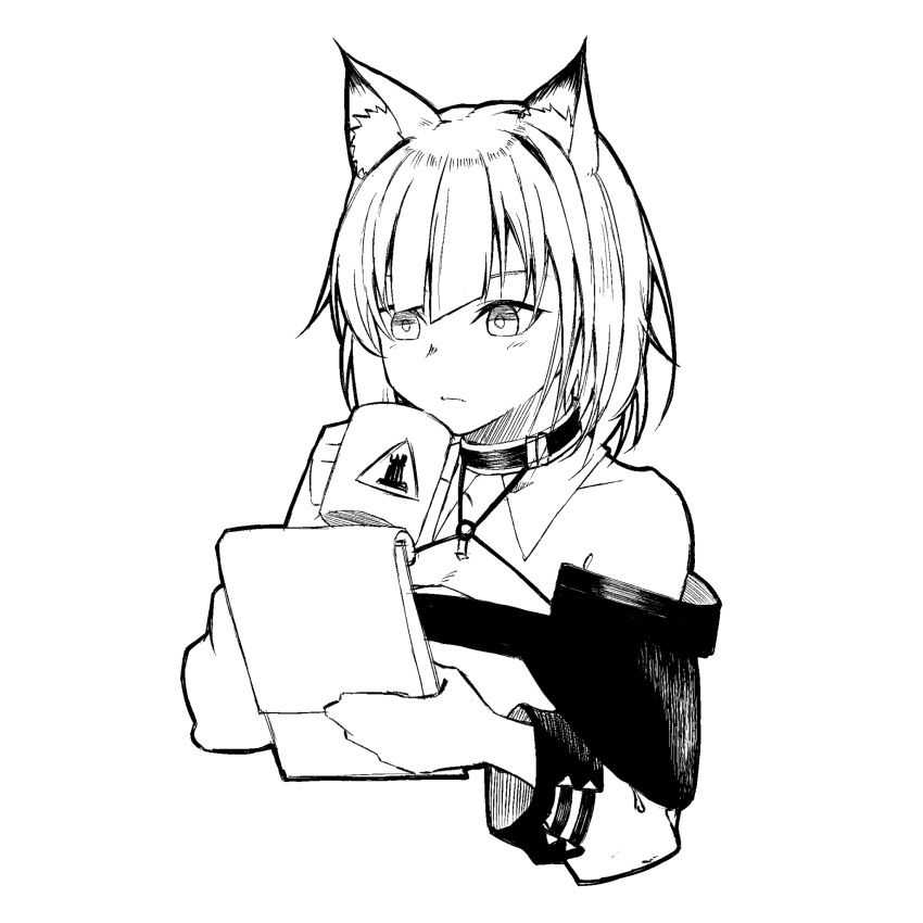1girl animal_ear_fluff animal_ears arknights bad_hands bare_shoulders cat_ears cat_girl clipboard closed_mouth coffee_mug cropped_torso cup expressionless greyscale hatching_(texture) highres holding holding_clipboard holding_cup kal'tsit_(arknights) linear_hatching long_sleeves looking_down monochrome mug off_shoulder rhodes_island_logo_(arknights) short_hair simple_background sketch solo tubuan_(tubuan03) upper_body white_background