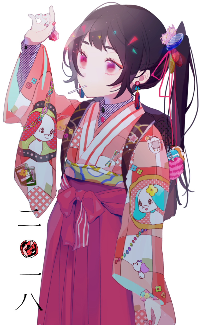 1girl animal_print arm_up backpack bag black_hair candy closed_mouth dog_print earrings food food_in_mouth highres japanese_clothes jewelry kimono lollipop long_hair nail_polish nakko_(7nt5ta) original pink_eyes pink_kimono plaid_kimono ponytail red_skirt ring ring_pop sidelocks simple_background skirt standing tassel tassel_earrings white_background