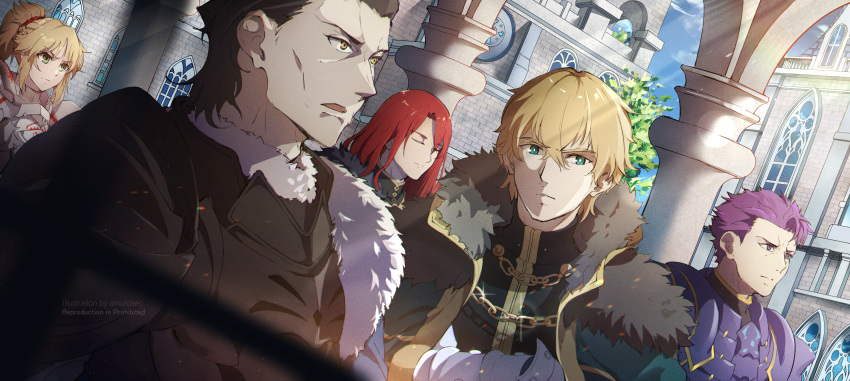 1girl 4boys absurdres agravain_(fate) amuroseo aqua_eyes armor black_hair blonde_hair building cape closed_eyes column dutch_angle fate/grand_order fate_(series) fur-trimmed_cape fur_trim gawain_(fate) green_eyes highres knights_of_the_round_table_(fate) lancelot_(fate/grand_order) mordred_(fate) mordred_(fate/apocrypha) multiple_boys open_mouth outdoors pillar ponytail purple_eyes purple_hair red_hair serious short_hair tristan_(fate) upper_body yellow_eyes