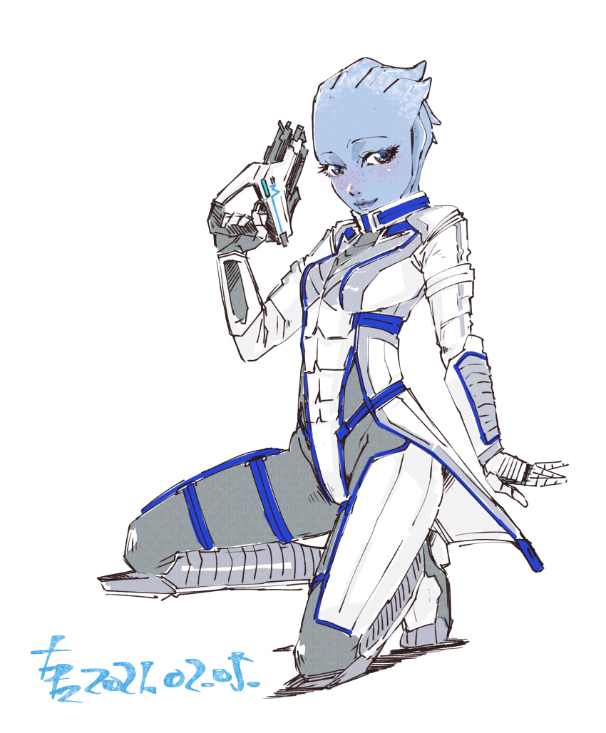 1girl absurdres alien asari blue_eyes blue_skin blush bodysuit breasts colored_skin dated gloves highres jacket kneeling liara_t'soni looking_at_viewer m-5_phalanx mass_effect mass_effect_3 open_hand science_fiction small_breasts smile solo tatsuta_shin'ichi white_bodysuit white_gloves white_jacket