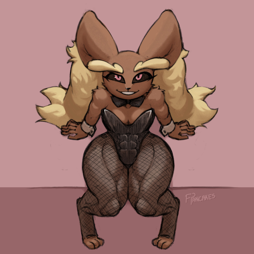abs anthro athletic athletic_female bow_tie breasts brown_body brown_fur bunny_costume clothed clothing costume cuffs_(clothing) digital_media_(artwork) female fishnet fishnet_legwear freepancakes fur hi_res lagomorph legwear long_ears looking_at_viewer lopunny mammal nintendo pok&eacute;mon pok&eacute;mon_(species) simple_background smile solo thick_thighs video_games wide_hips