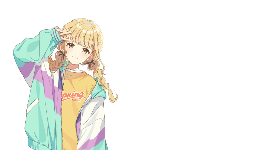 1girl :3 arm_up artist_request black_ribbon blush braid clothes_writing english_text eyelashes fujita_kotone gakuen_idolmaster green_jacket hair_ornament hair_over_shoulder hair_ribbon hair_tie hairclip head_tilt highres idolmaster jacket long_sleeves looking_at_viewer multicolored_clothes multicolored_jacket official_art open_clothes open_jacket print_shirt purple_jacket ribbon shirt single_off_shoulder sleeves_past_wrists smile solo transparent_background twin_braids upper_body v v_over_head white_jacket yellow_eyes yellow_shirt zipper