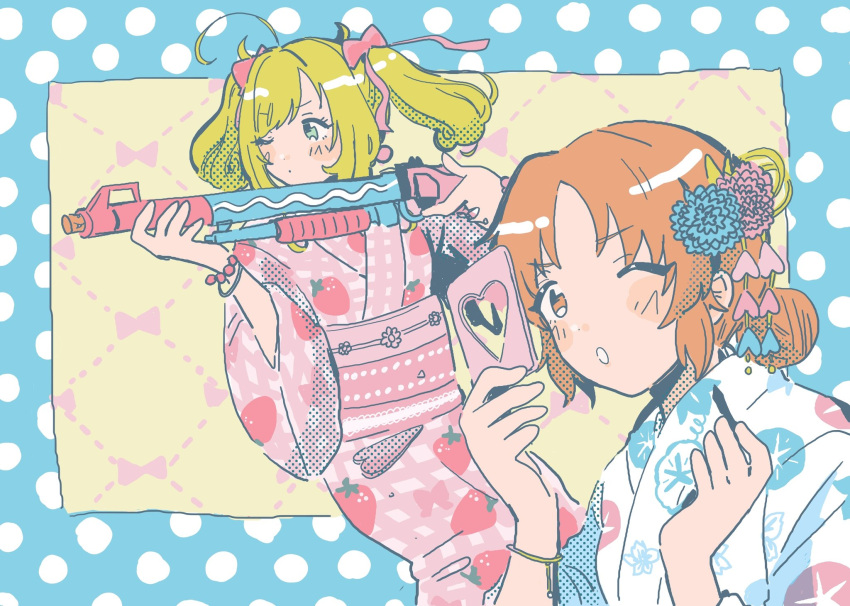 2girls :o abe_nana ahoge aiming alternate_costume blonde_hair blue_border blush border bow bracelet brown_eyes brown_hair closed_mouth cork_gun dot_mouth feet_out_of_frame floral_print_kimono food_print green_eyes gun hair_bow hair_bun hair_ornament halftone highres holding holding_gun holding_weapon idolmaster idolmaster_cinderella_girls inichigaichi japanese_clothes jewelry kanzashi katanuki kimono multiple_girls multiple_hair_bows obi one_eye_closed outside_border pink_kimono polka_dot_border print_kimono sash sato_shin shotgun single_hair_bun strawberry_print twintails v-shaped_eyebrows weapon white_kimono yellow_background