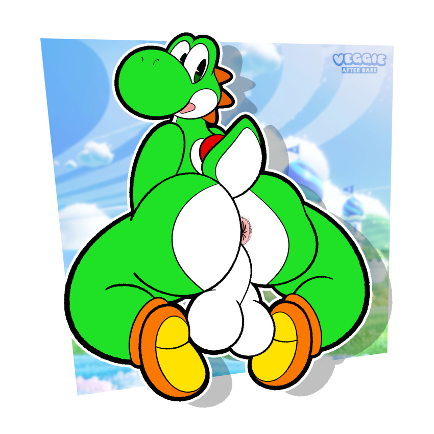 1:1 absurd_res anthro anus backsack balls big_balls big_butt butt clothing dinosaur footwear footwear_only genitals green_body green_scales green_yoshi hi_res kneeling looking_back male mario_bros mostly_nude nintendo open_mouth pink_anus raised_tail reptile scales scalie shoes shoes_only solo super_mario_bros_wonder tail thick_thighs veggieafterdark white_body white_scales wide_hips yoshi yoshi_(character)