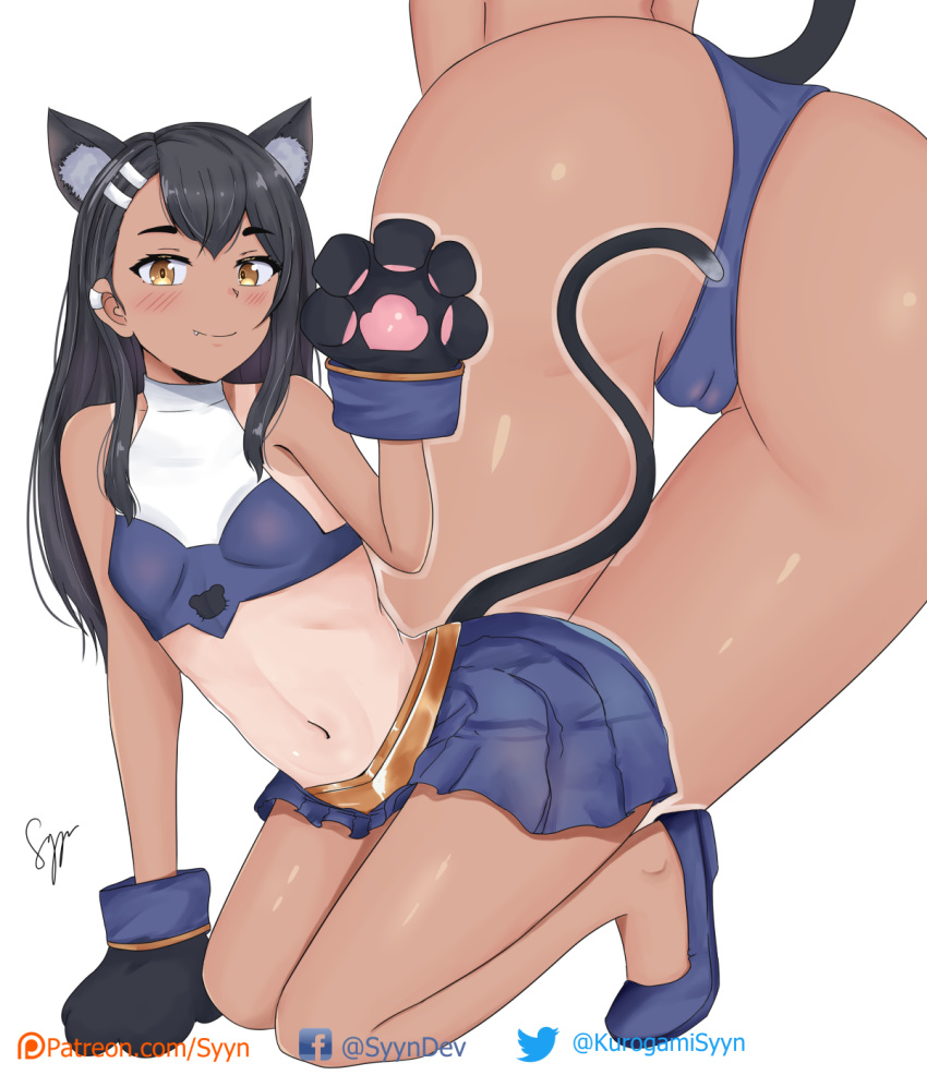 alternate_species animal_humanoid black_body black_fur black_hair blush bottomwear breasts brown_body brown_skin butt camel_toe clothed clothing cute_fangs felid felid_humanoid feline feline_humanoid female fur hair hayase_nagatoro hi_res humanoid ijiranaide_nagatoro-san inner_ear_fluff kneeling kurogamisyyn mammal mammal_humanoid navel paw_pose pose skirt small_breasts smile solo tuft white_body white_fur yellow_eyes