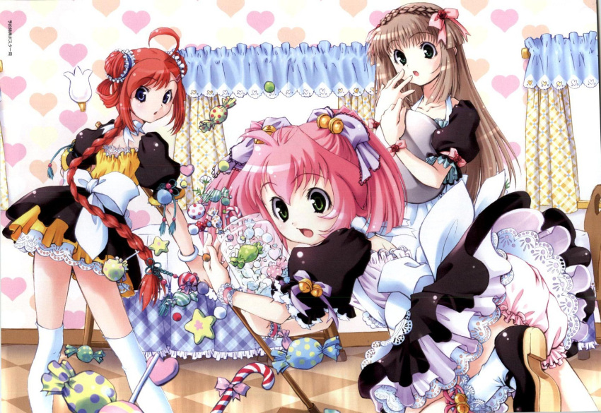 3girls :d apron bell black_footwear bloomers blush bow braid candy candy_cane celery_periwinkle chair checkered_floor cherry_maple cleaning curtains double_bun dress falling food frills hair_bell hair_bow hair_bun hair_ornament hair_ribbon headdress heart highres holding holding_jar jar light_brown_hair lollipop long_hair looking_back maid multiple_girls official_art open_mouth pandaki_(aki) pink_bow pink_hair puffy_sleeves purple_ribbon red_hair ribbon scan scarlet_clover shoes short_hair short_sleeves simple_background skirt smile socks star_(symbol) surprised table thighhighs tripping twintails white_bow