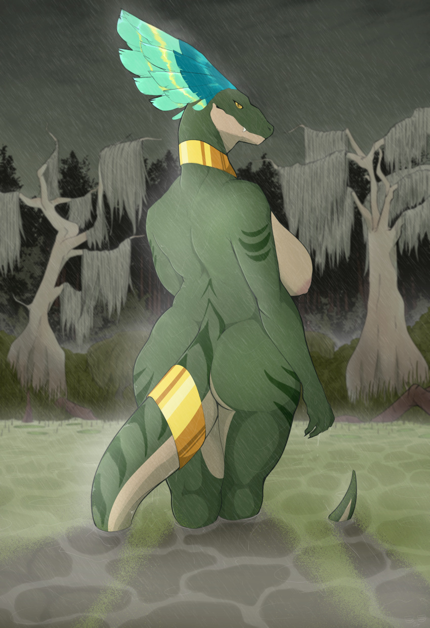 absurd_res anthro breasts detailed_background dinosaur dromaeosaurid female hi_res nipples nude outside partially_submerged raining reptile scalie securipun solo standing theropod velociraptor water wet