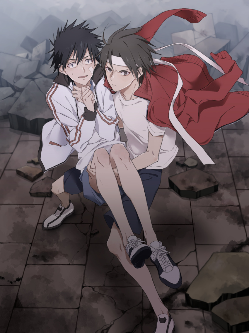 2boys absurdres bandage_on_face bandages black_hair brown_eyes brown_hair carrying closed_mouth from_above hachimaki headband highres jacket jacket_on_shoulders kamijou_touma long_sleeves looking_at_viewer male_focus multiple_boys nervous_smile open_clothes open_jacket parted_lips pika_(tako) princess_carry red_jacket rubble serious shirt short_hair short_sleeves shorts smile sogiita_gunha spiked_hair sportswear sweat toaru_kagaku_no_railgun toaru_majutsu_no_index track_jacket white_footwear white_jacket white_shirt wide-eyed