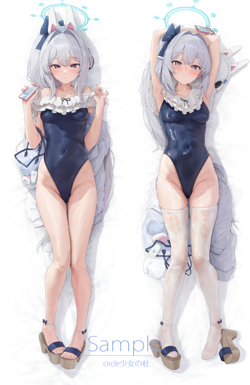 1girl :o absurdres akita_hika animal_ear_headphones animal_ears ankle_bow ankle_ribbon arm_out_of_sleeve arms_up bare_shoulders blue_archive blue_halo blue_one-piece_swimsuit blush bow breasts casual_one-piece_swimsuit cellphone_photo commentary_request covered_navel covered_nipples dakimakura_(medium) fake_animal_ears feet frilled_one-piece_swimsuit frills full_body grey_eyes half-closed_eyes halo headphones headset highleg highleg_swimsuit highres holding holding_phone jacket leg_ribbon legs long_hair looking_at_viewer lotion_bottle miyako_(blue_archive) miyako_(swimsuit)_(blue_archive) no_shoes off-shoulder_one-piece_swimsuit off_shoulder official_alternate_costume one-piece_swimsuit phone platform_footwear platform_heels rabbit_ear_headphones ribbon sample_watermark sandals simple_background small_breasts solo swimsuit thighs toenails toes towel transparent_bag unworn_headwear very_long_hair w_arms watermark white_background white_hair