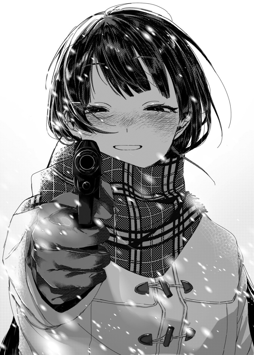 1girl aiming aiming_at_viewer azuma_kurumi blush coat enpera finger_on_trigger greyscale gun half-closed_eyes hand_up handgun hashtag_only_commentary highres holding holding_gun holding_weapon long_hair long_sleeves monochrome motion_blur nijisanji outstretched_arm plaid plaid_scarf scarf simple_background smile snowing tsukino_mito virtual_youtuber weapon winter