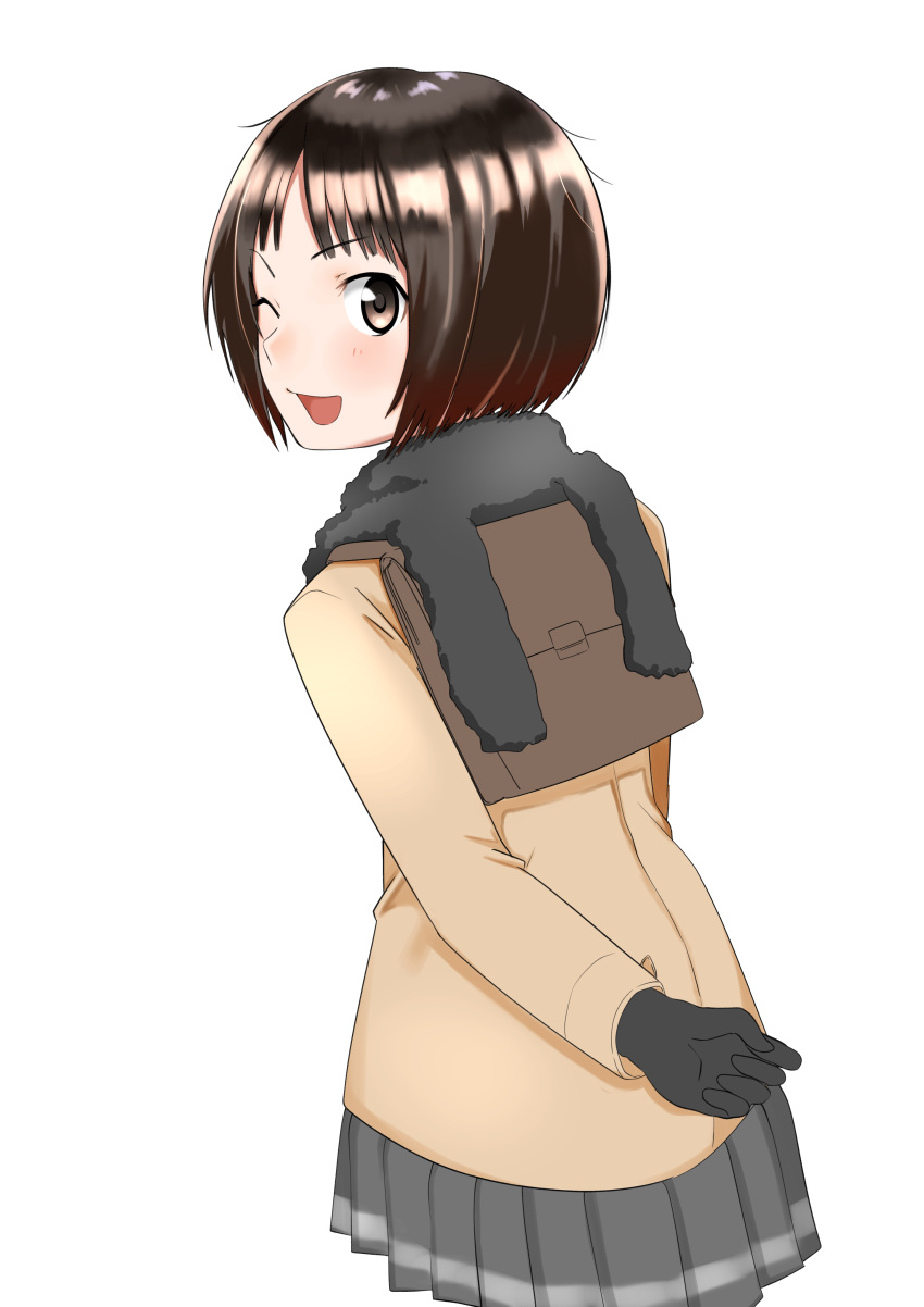 1girl :d ;d absurdres amagami arm_at_side arm_behind_back backpack bag black_gloves black_scarf black_skirt bob_cut briefcase brown_bag brown_coat brown_eyes brown_hair coat commentary cowboy_shot curled_fingers from_behind gloves highres kakao_taro kibito_high_school_uniform light_blush looking_at_viewer looking_back loose_hair_strand messy_hair one_eye_closed open_mouth pleated_skirt scarf school_briefcase school_uniform short_hair simple_background skirt smile solo tachibana_miya white_background winter_clothes