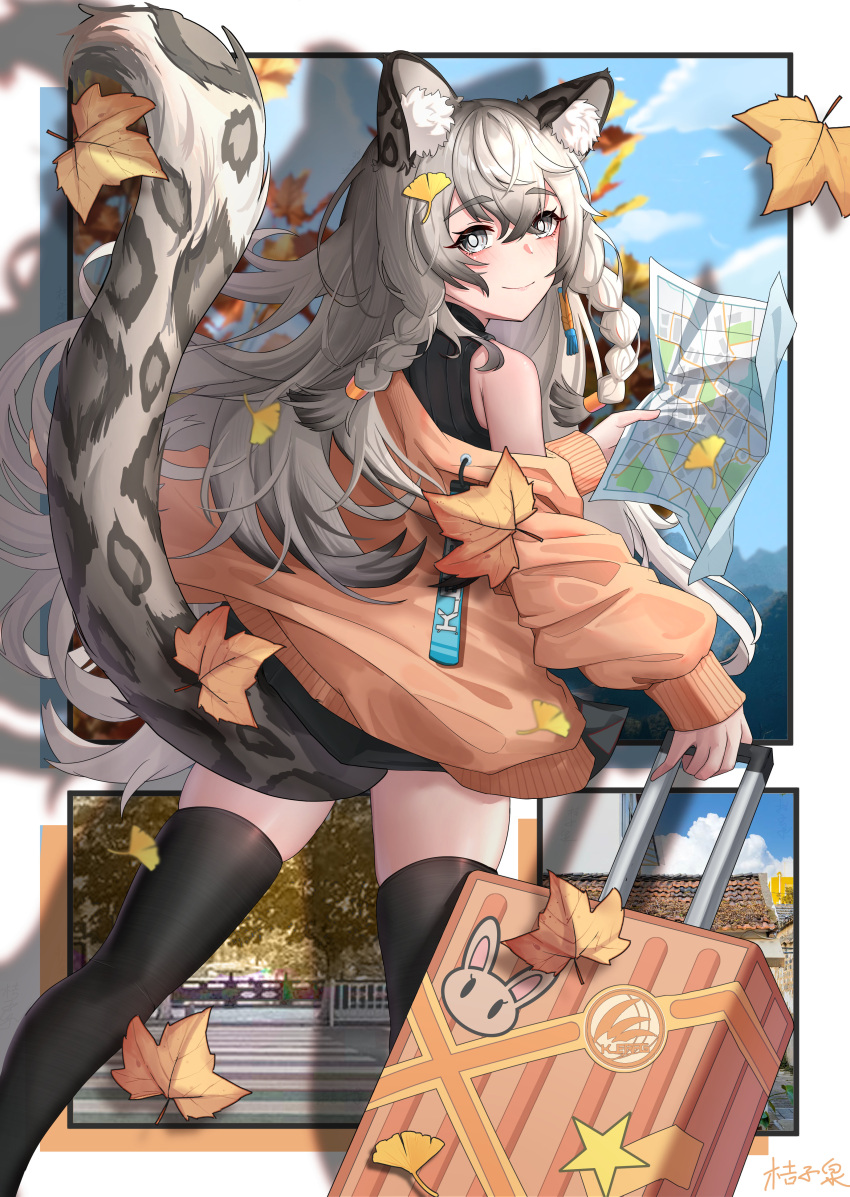 1girl absurdres alternate_costume animal_ear_fluff animal_ears arknights autumn autumn_leaves bare_shoulders black_hair black_skirt black_sweater black_thighhighs border braid bright_pupils closed_mouth colored_tips crossed_bangs day eyelashes feet_out_of_frame from_behind ginkgo_leaf grey_eyes grey_hair hair_between_eyes highres holding holding_map jacket leaf legs_apart long_hair long_sleeves looking_at_viewer looking_back map miniskirt multicolored_hair open_clothes open_jacket orange_jacket orangeizumi outdoors outside_border photo_inset pramanix_(arknights) side_braid skindentation skirt sleeveless sleeveless_sweater sleeveless_turtleneck smile snow_leopard_ears snow_leopard_girl snow_leopard_tail solo standing sweater tail thighhighs turtleneck twin_braids two-tone_hair very_long_hair white_border white_pupils zettai_ryouiki