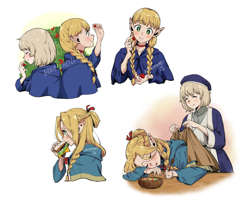 2girls artist_name back-to-back berry blanket blonde_hair blue_capelet blue_headwear blue_robe bowl braid capelet choker closed_eyes covering_with_blanket dungeon_meshi eating edomon-do elf falin_thorden food from_side green_eyes grey_hair hat highres holding holding_blanket holding_food holding_sandwich holding_spoon hood hooded_capelet long_hair marcille_donato multiple_girls multiple_views pointy_ears red_choker robe short_hair sleeping spoon twin_braids upper_body white_background white_robe