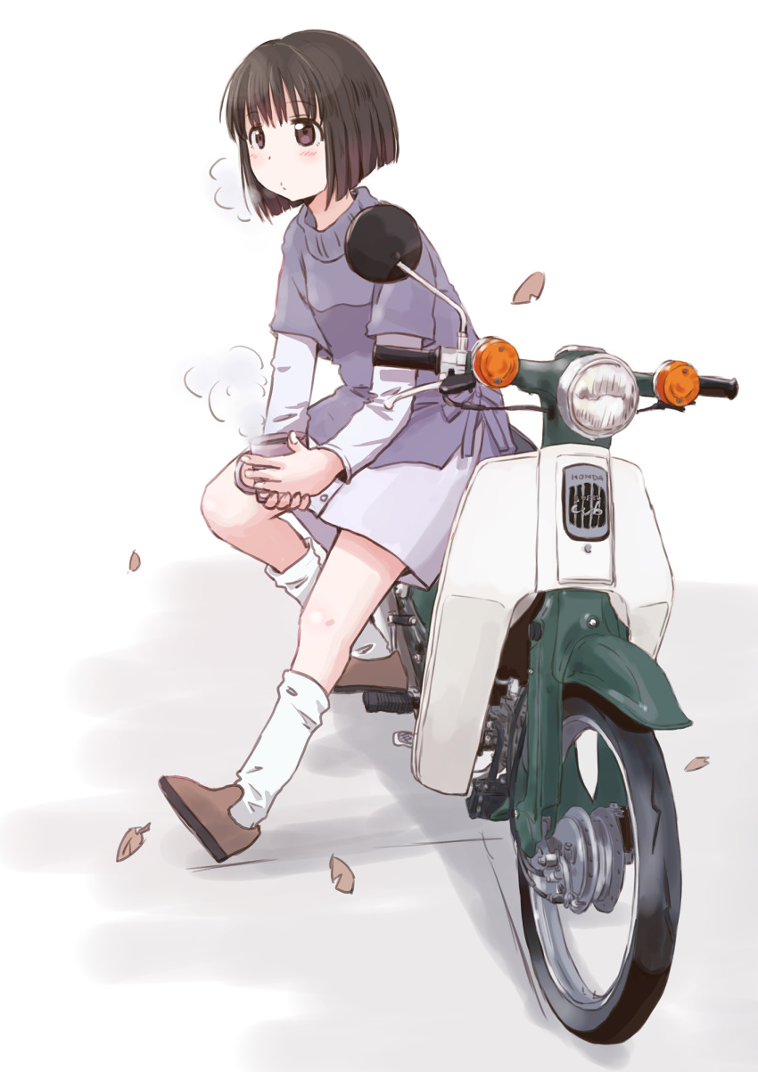 1girl blunt_ends blush bob_cut breasts breath brown_eyes brown_footwear brown_hair closed_mouth coffee coffee_mug commentary cup drink falling_leaves full_body highres holding holding_cup holding_drink honda honda_super_cub inverted_bob koguma_(super_cub) layered_sleeves leaf leaning_forward loafers long_sleeves looking_afar looking_ahead loose_socks maruyo motor_vehicle motorcycle mug on_vehicle purple_sweater pursed_lips shoes short_hair short_sleeves sitting skirt small_breasts socks solo steam super_cub sweater white_background white_skirt white_socks white_undershirt