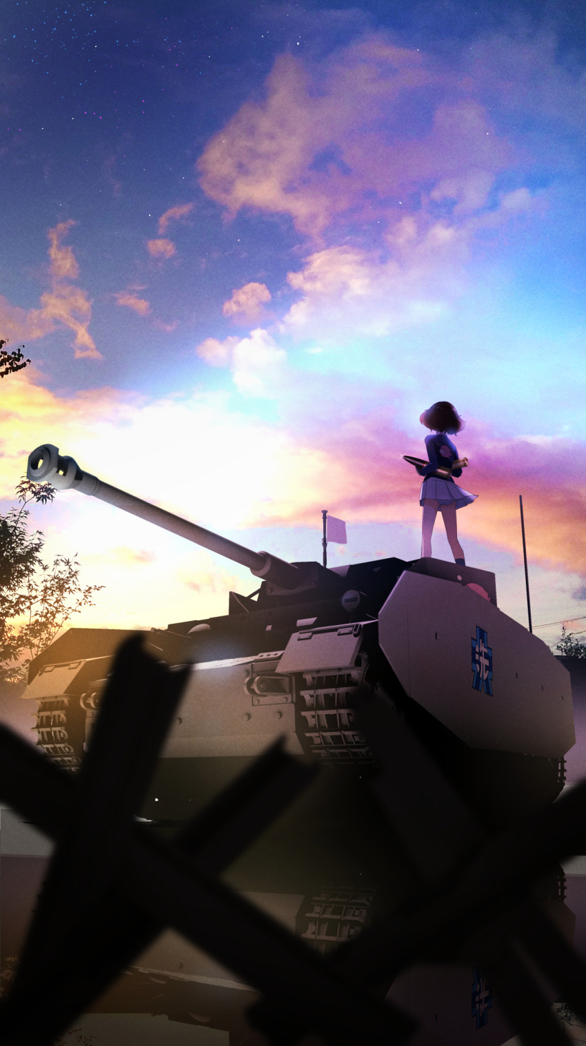 1girl akiyama_yukari anglerfish backlighting blackminolith_(2ne) blue_jacket blurry blurry_foreground cloud cloudy_sky commentary_request depth_of_field emblem facing_away fish flag girls_und_panzer highres holding jacket long_sleeves messy_hair military_uniform military_vehicle miniskirt motor_vehicle multicolored_sky on_vehicle ooarai_(emblem) ooarai_military_uniform outdoors panties pantyshot panzer_iv partial_commentary pleated_skirt short_hair skirt sky solo standing tank tank_shell twilight underwear uniform vehicle_focus white_flag white_skirt wind