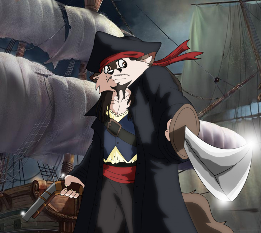 2015 anthro beard brown_body brown_fur canid canine canis clothed clothing cosplay digital_media_(artwork) disney facial_hair fur gun handgun hat headgear headwear jack_sparrow male mammal melee_weapon pirate pirate_hat pirate_outfit pirates_of_the_caribbean pistol ranged_weapon ship solo sword vehicle watercraft weapon wildert_(xxsparcoxx) wolf xxsparcoxx