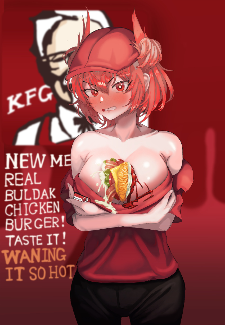 1girl absurdres alternate_costume arknights bare_shoulders between_breasts black_pants blush breasts bright_pupils cheese clenched_teeth collarbone colonel_sanders commentary_request cowboy_shot fiammetta_(arknights) food gomsang-oh hair_between_eyes highres kfc large_breasts looking_at_viewer mayonnaise off_shoulder pants pointy_hair red_background red_eyes red_hair red_headwear red_shirt shirt short_hair short_sleeves solo standing teeth v-shaped_eyebrows white_pupils