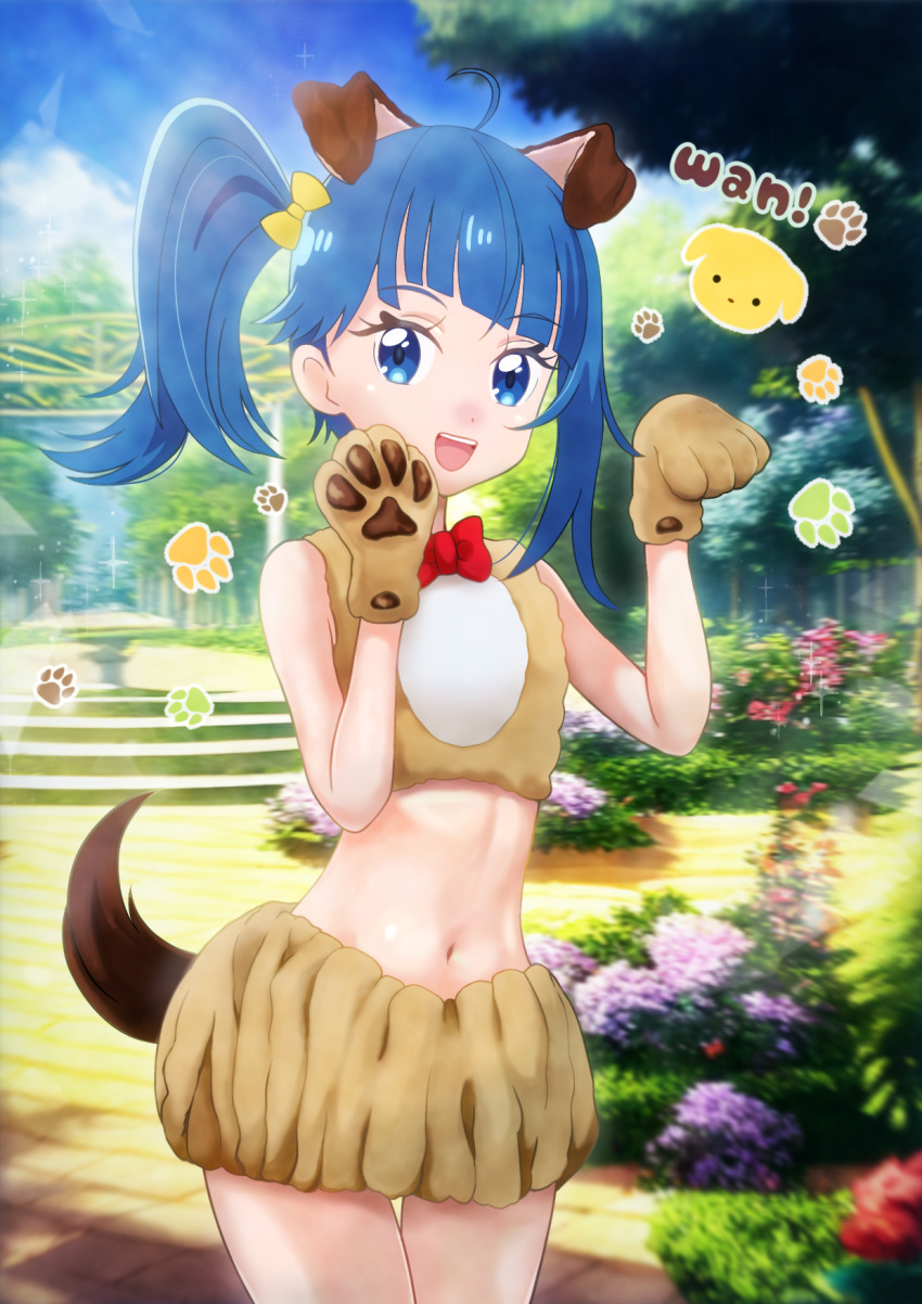 1girl animal_ears animal_hands asukamama89 blue_eyes blue_hair bow bowtie brown_shirt brown_skirt cowboy_shot cut_bangs day dog_ears dog_tail fake_animal_ears fur_shirt fur_skirt gloves hair_bow highres hirogaru_sky!_precure looking_at_viewer medium_hair miniskirt navel open_mouth outdoors paw_gloves paw_pose precure red_bow red_bowtie romaji_text shirt side_ponytail single_sidelock skirt sleeveless sleeveless_shirt smile solo sora_harewataru standing tail translated yellow_bow