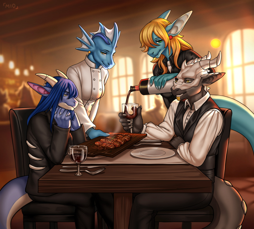 alcohol anthro beverage chef_uniform classy clothing dinner divenka dragon fancy_clothing female food group hi_res hydryl inika keinos male meat miosha mythological_creature mythological_scalie mythology restaurant sanlich scalie talking_to_another wine