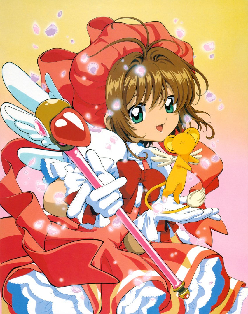 1girl :3 absurdres brown_hair cardcaptor_sakura child colored_skin gloves green_eyes highres holding holding_wand kero kinomoto_sakura magical_girl messy_hair official_art short_hair wand white_gloves wings yellow_skin