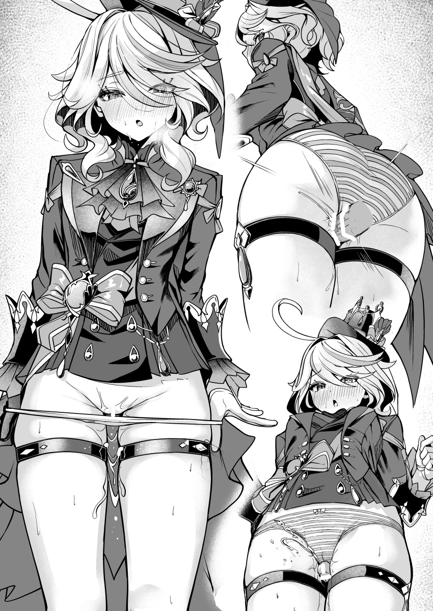 1girl absurdres ahoge ascot ass bar_censor blush bow bow_panties censored cowlick cum cum_on_body cum_on_legs cumdrip drop-shaped_pupils ejaculation full-face_blush furina_(genshin_impact) genshin_impact gloves greyscale hair_between_eyes hat heavy_breathing highres long_hair long_sleeves looking_at_viewer monochrome multicolored_hair nose_blush open_mouth paid_reward_available panties panty_pull penis pulled_by_self standing streaked_hair striped_clothes striped_panties sweat symbol-shaped_pupils thigh_gap thigh_sex thighs top_hat underwear white-paka