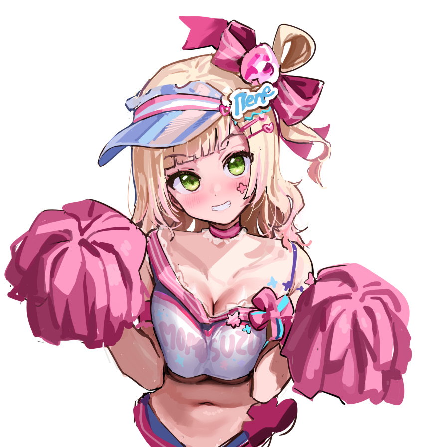 1girl blonde_hair blue_headwear blush breasts character_name cleavage clothes_writing crop_top green_eyes highres holding holding_pom_poms hololive kanzarin large_breasts long_hair momosuzu_nene momosuzu_nene_(cheerleader) navel official_alternate_costume pom_pom_(cheerleading) smile solo virtual_youtuber visor_cap white_background