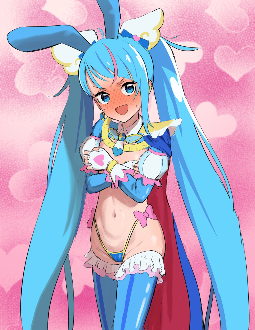 1girl absurdres animal_ears blue_eyes blue_hair blue_panties blue_thighhighs blush breasts cape commission covering_breasts covering_privates cure_sky detached_sleeves embarrassed fake_animal_ears frilled_thighhighs frills gloves highleg highleg_panties highres hirogaru_sky!_precure long_hair looking_at_viewer meme_attire navel ogi_non open_mouth panties precure puffy_detached_sleeves puffy_sleeves rabbit_ears red_cape reverse_bunnysuit reverse_outfit skeb_commission small_breasts solo sora_harewataru sweat thighhighs twintails two-sided_cape two-sided_fabric underwear very_long_hair