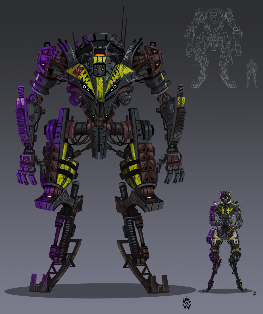 1boy absurdres apex_legends cable full_body green_eyes grey_background highres humanoid_robot joints looking_at_viewer mecha mechanization octane_(apex_legends) robot robot_joints science_fiction shadow size_comparison titan_(titanfall) titanfall_(series) wolfdawg_art