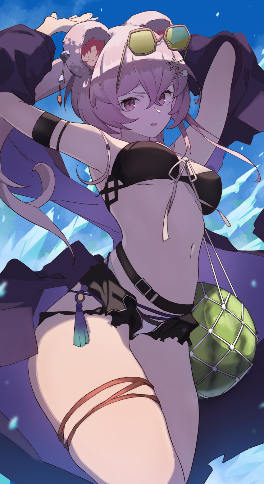 1girl absurdres animal_ears arknights arm_behind_head arm_garter armpits arms_behind_head arms_up bare_shoulders belt belt_buckle bikini black_bikini black_shorts black_sleeves blue_sky breasts buckle cape crotch_zipper day detached_sleeves eyewear_on_head face_in_shadow food from_below front-tie_bikini_top front-tie_top fruit green-tinted_eyewear hair_ornament hairclip highres holding holding_food holding_fruit kiso_(wjnomcuzqmdjcql) lin_(arknights) looking_at_viewer loose_hair_strand medium_breasts mismatched_bikini mouse_ears navel net open_clothes open_fly open_mouth open_shorts outdoors pink_eyes pink_hair ponytail purple_cape ribbon shadow short_hair shorts skindentation sky solo splashing stomach sunglasses swimsuit tassel thigh_strap thighs tinted_eyewear underboob unzipped waist_cape water watermelon white_bikini white_ribbon zipper