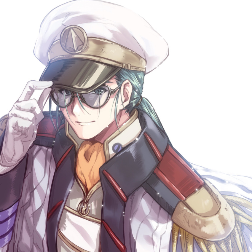 1boy blue_hair choujikuu_yousai_macross closed_mouth commentary_request glasses gloves highres kuroi_mimei long_hair looking_at_viewer macross macross_7 maximilian_jenius military_uniform ponytail simple_background smile solo sunglasses uniform white_background white_gloves