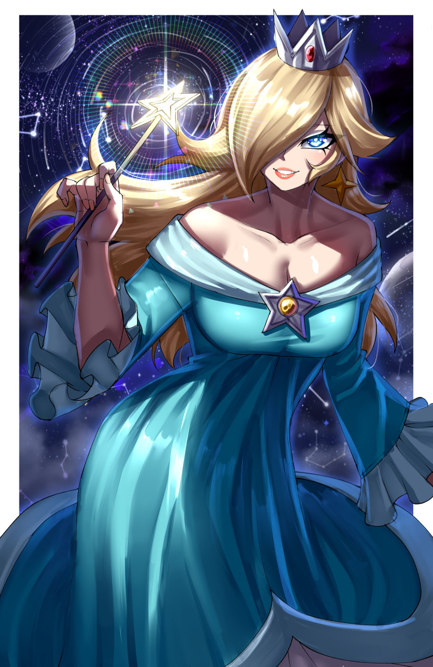 1girl absurdres aqua_dress bare_shoulders blonde_hair blue_eyes breasts brooch cleavage collarbone commentary crown dress grin hair_over_one_eye highres holding holding_wand jewelry long_hair looking_at_viewer mario_(series) off-shoulder_dress off_shoulder pink_lips rageman709 rosalina smile solo star_(symbol) star_wand very_long_hair wand