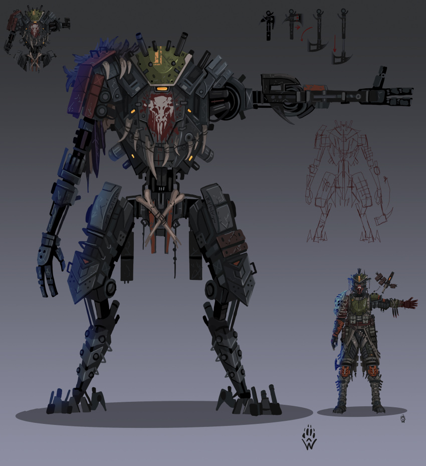 1other absurdres ambiguous_gender apex_legends arrow_(symbol) bloodhound_(apex_legends) gloves grey_background helmet highres joints mecha mecha_focus open_hand red_gloves robot robot_joints science_fiction size_comparison titan_(titanfall) titanfall_(series) wolfdawg_art