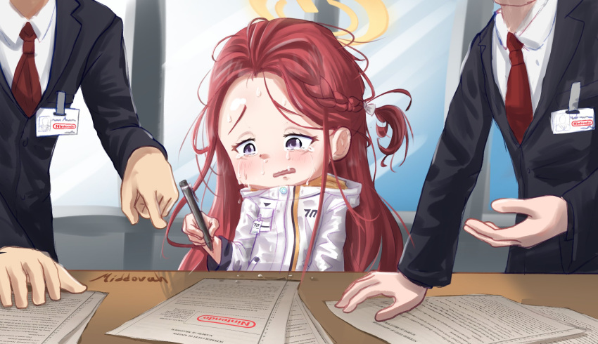 1girl 2boys artist_name black_jacket blazer blue_archive blush braid commentary crying crying_with_eyes_open english_commentary forehead french_braid halo highres holding holding_pen hood hooded_jacket id_card indoors jacket long_hair long_sleeves messy_hair middovah multiple_boys name_connection necktie nintendo one_side_up open_mouth pen pun purple_eyes red_hair red_necktie solo_focus suit tears upper_body white_jacket window yellow_halo yuzu_(blue_archive) yuzu_(emulator)
