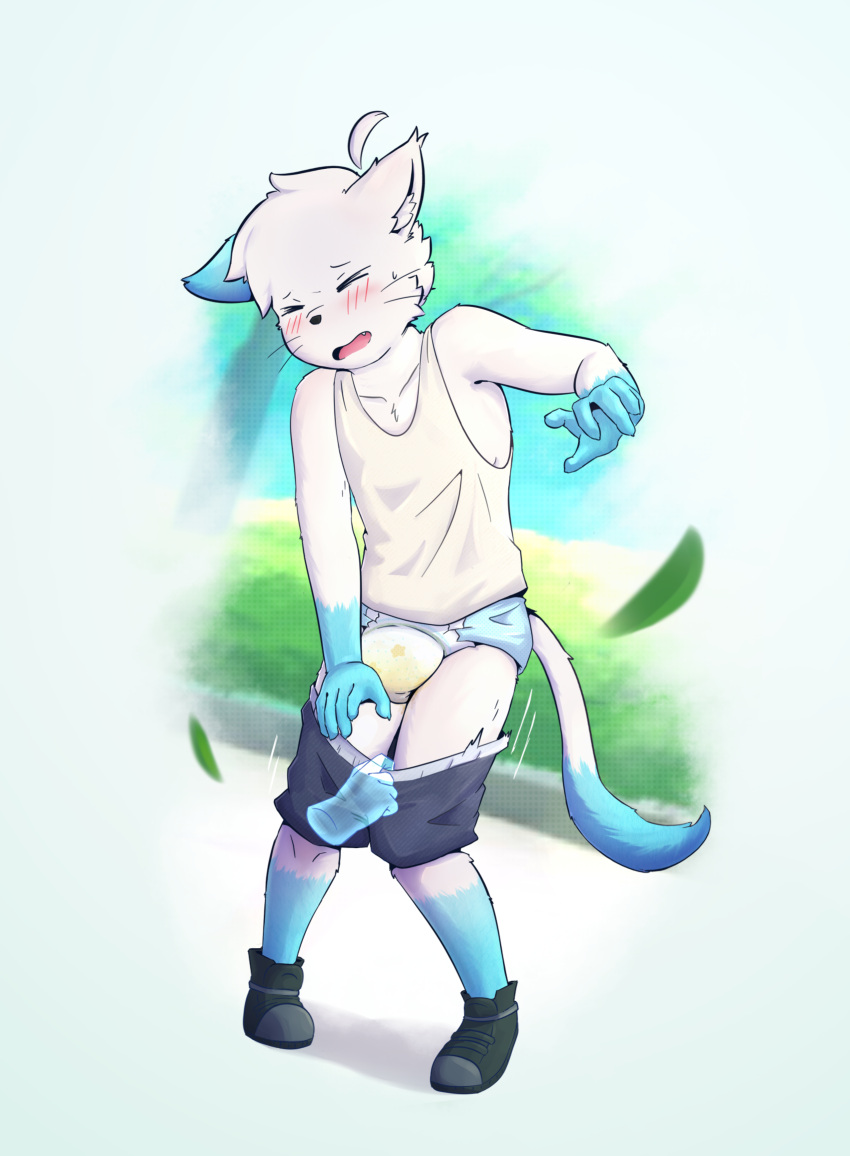 anthro blush blush_lines bodily_fluids clothing diaper disembodied_hand domestic_cat felid feline felis genital_fluids ghost_hands hi_res humiliation kemono luce_bontemps male mammal park pulled_pants solo underwear urine wet_diaper wetting