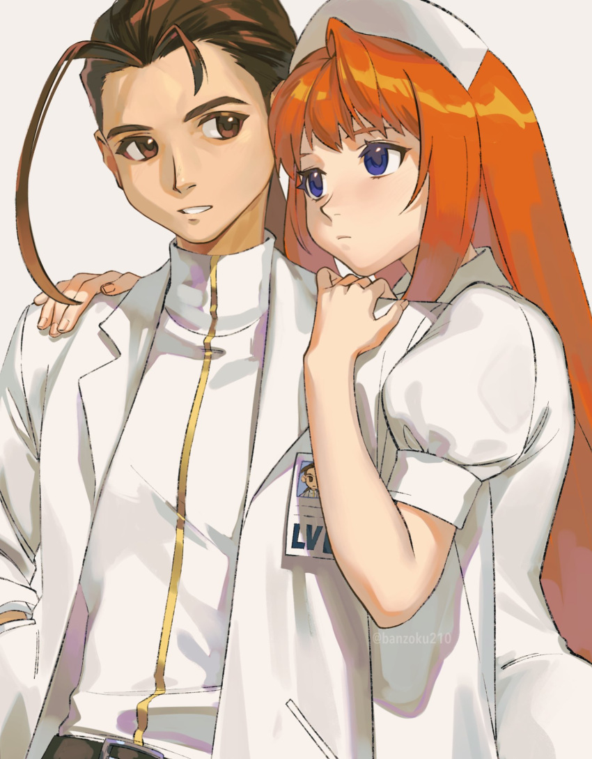 1boy 1girl asagi_(banzoku210) blue_eyes brown_eyes brown_hair elhaym_van_houten fei_fong_wong hands_on_another's_shoulders highres jacket long_hair looking_at_another nurse orange_hair parted_lips upper_body xenogears