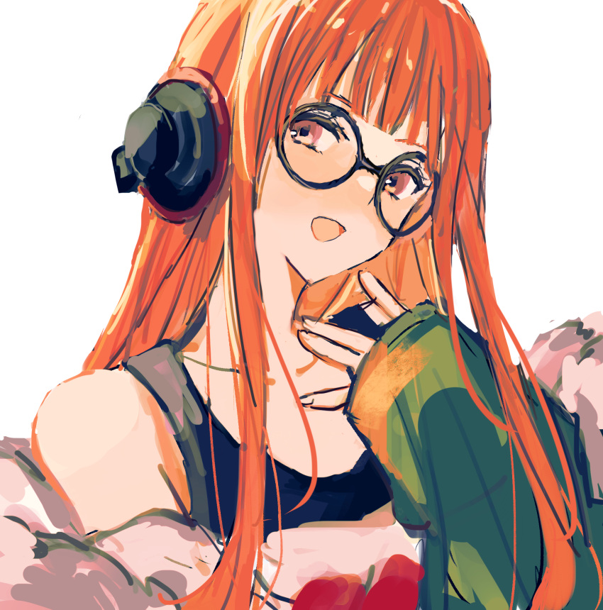 1girl :d \||/ behind-the-head_headphones black-framed_eyewear black_tank_top blunt_bangs coat commentary fur-trimmed_jacket fur_trim glasses green_coat green_jacket hand_up headphones highres jacket long_hair long_sleeves looking_at_viewer namiharuru open_mouth orange_eyes orange_hair persona persona_5 round_eyewear sakura_futaba sidelocks simple_background smile solo tank_top white_background