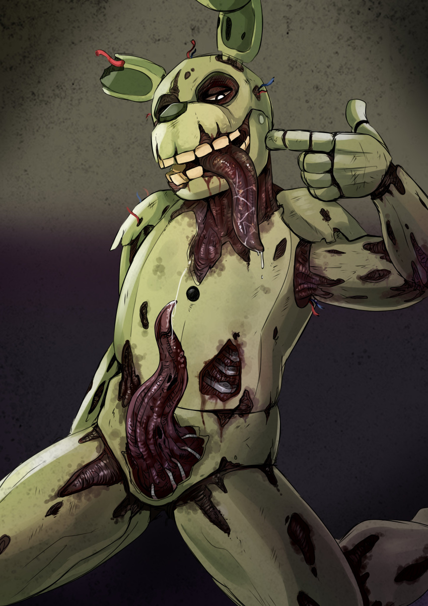 absurd_res animatronic anthro blood bodily_fluids erection five_nights_at_freddy's five_nights_at_freddy's_3 front_view genitals gore green_body hi_res imperatorcaesar kneeling looking_at_viewer machine male narrowed_eyes nude open_mouth penis red_penis red_tongue robot scottgames simple_background solo springtrap_(fnaf) tapering_penis teeth tongue tongue_out yellow_body yellow_teeth
