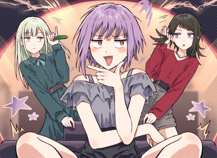 3girls :o ^^^ bang_dream! bang_dream!_it's_mygo!!!!! black_hair blunt_bangs brown_eyes closed_mouth collarbone constricted_pupils diagonal_bangs dress expressionless frilled_shirt frills furrowed_brow furukawa_wanosuke green_dress green_eyes green_hair grey_hair grey_shirt hand_on_chair highres indian_style light_blush long_hair long_sleeves looking_at_another medium_hair multiple_girls off-shoulder_shirt off_shoulder open_mouth polka_dot polka_dot_background purple_hair red_eyes red_shirt shirt short_hair short_sleeves sitting star_(symbol) v-shaped_eyebrows wakaba_mutsumi yahata_umiri yellow_eyes yuutenji_nyamu