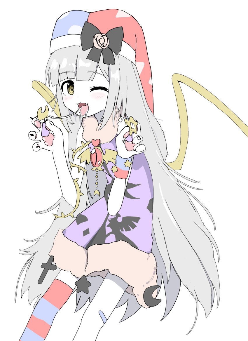 1girl :3 absurdres armlet bandaid bandaid_on_leg black_bow blue_headwear blunt_bangs blush body_fur bow brooch cosplay dress fangs feet_out_of_frame floppy_ears fur-trimmed_dress fur_trim furry furry_female grey_hair hat hat_bow highres holding holding_toy jester_cap jewelry kirby_(series) kirby_super_star leaning_forward long_hair looking_at_viewer marx_(kirby) marx_(kirby)_(cosplay) one_eye_closed open_mouth original pawpads print_dress purple_dress red_headwear saliva saliva_trail simple_background single_thighhigh sleeveless sleeveless_dress smile solo striped_clothes striped_thighhighs thighhighs thorns toy two-tone_headwear vreparty white_fur wings wristband yellow_eyes