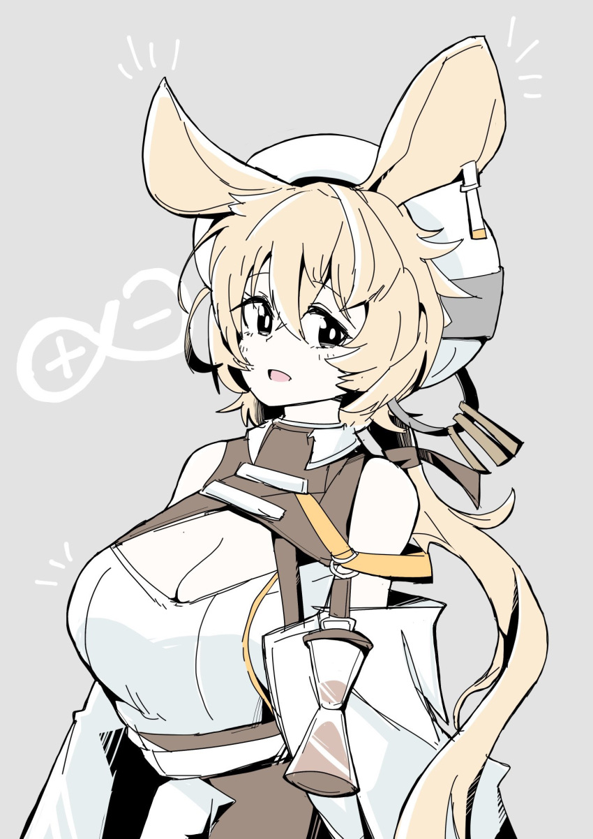 1girl :d animal_ears arknights bare_shoulders beret blonde_hair breasts cleavage cleavage_cutout clothing_cutout commentary_request dorothy_(arknights) grey_background hair_between_eyes hat heka=ton highres hourglass infinity_symbol large_breasts long_hair looking_at_viewer notice_lines simple_background smile solo upper_body very_long_hair white_headwear