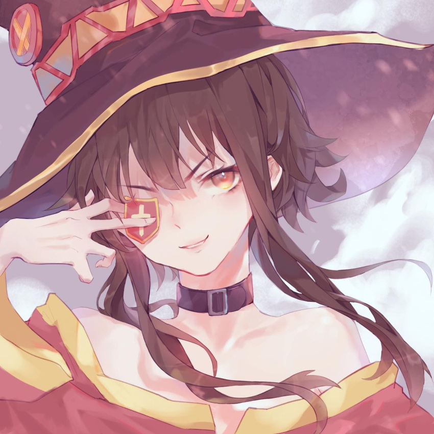 1girl bare_shoulders belt_collar black_hair chuunibyou collar collarbone commentary dress eyepatch eyepatch_lift hat highres kono_subarashii_sekai_ni_shukufuku_wo! light_smile looking_at_viewer megumin parted_lips portrait red_dress red_eyes short_hair_with_long_locks solo witch_hat yellow_eyes yvcchin