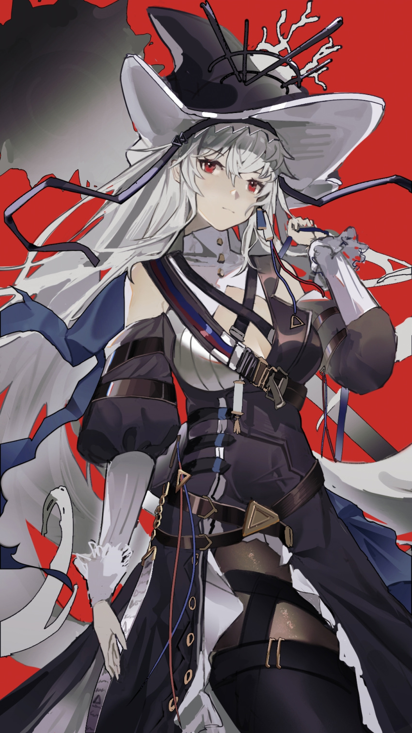 1girl arknights black_dress black_headwear black_pantyhose cleavage_cutout clothing_cutout criss-cross_straps dress grey_hair hat_ornament highres jewelry long_hair necklace pantyhose pointy_hat puffy_sleeves red_eyes shoulder_cutout shoulder_strap specter_(arknights) specter_the_unchained_(arknights) thighhighs thighhighs_over_pantyhose two-tone_dress unworn_jewelry unworn_necklace very_long_hair wen54