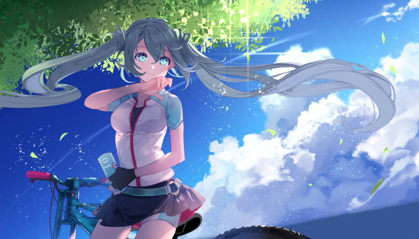 1girl absurdres bicycle black_gloves black_shirt black_skirt blue_eyes blue_sky breasts closed_mouth cloud collarbone commentary_request day fingerless_gloves floating_hair gloves grey_hair ground_vehicle hatsune_miku highres holding jacket leaves_in_wind long_hair outdoors shirt short_shorts short_sleeves shorts shorts_under_skirt single_glove skirt sky small_breasts smile solo twintails twitter_username very_long_hair vocaloid white_jacket yuuki_kira