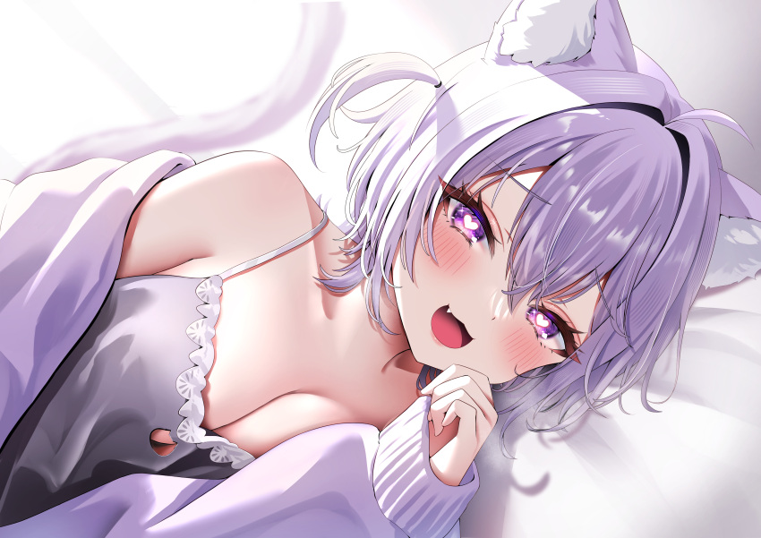 1girl absurdres ahoge animal_ear_fluff animal_ears black_camisole blush breasts camisole cat_ears cat_girl cat_tail cleavage cleavage_cutout clothing_cutout fang heart heart-shaped_pupils highres hololive jacket large_breasts looking_at_viewer lying medium_hair nekomata_okayu nekomata_okayu_(membership) official_alternate_costume on_side open_mouth purple_jacket rkc skin_fang smile symbol-shaped_pupils tail two_side_up virtual_youtuber