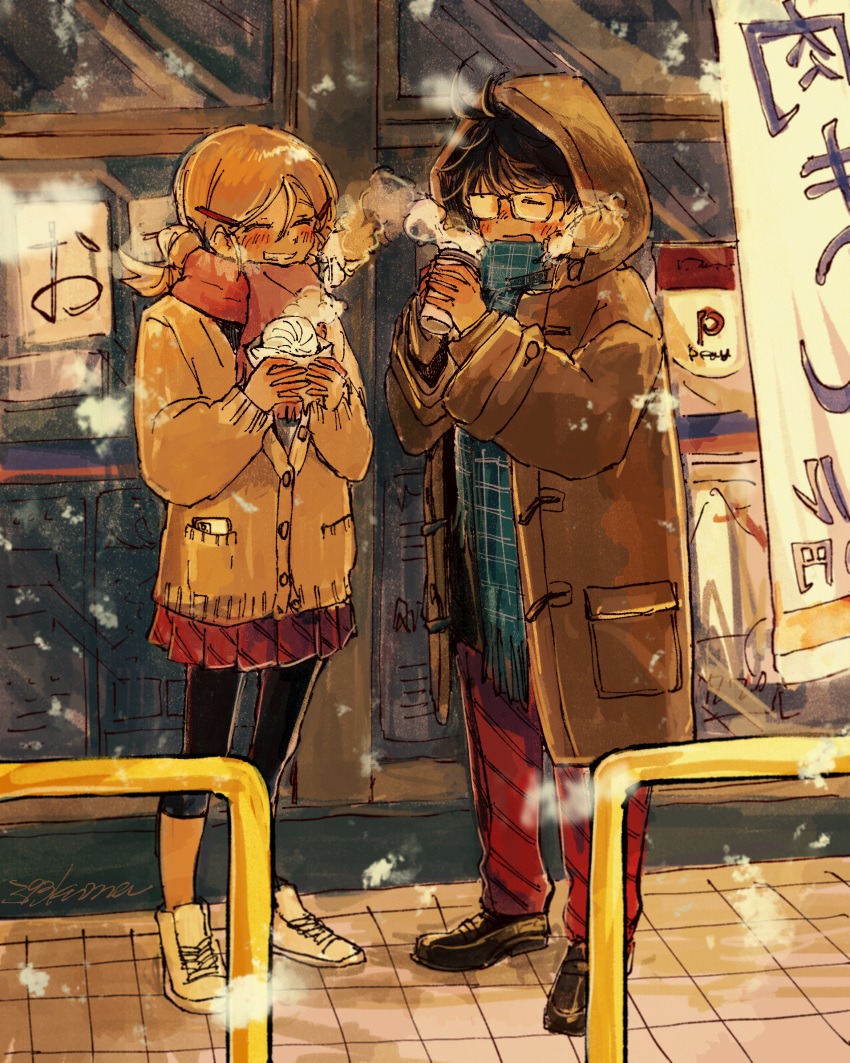 1boy 1girl 393kumaoekaki baozi black_footwear blonde_hair blue_scarf brown_coat closed_eyes coat convenience_store cup disposable_cup drinking food hair_ornament hairclip highres holding holding_cup hood long_sleeves medium_hair original outdoors pants railing red_pants red_skirt scarf shoes shop sign skirt sneakers snow snowing standing steam window winter