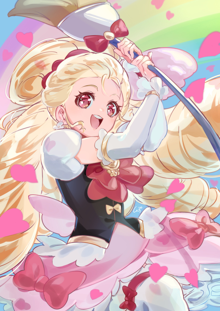 1girl :d absurdres black_vest blonde_hair blue_background bow bow_legwear cowboy_shot cure_art dress_bow drill_hair earrings flower_earrings happinesscharge_precure! heart highres holding holding_paintbrush international_precure jewelry long_hair looking_at_viewer magical_girl open_mouth oversized_object paintbrush pink_bow pink_eyes pink_skirt pink_wings precure puffy_sleeves rainbow red_bow shipu_(gassyumaron) skirt smile solo thighhighs vest white_arm_warmers white_thighhighs wings